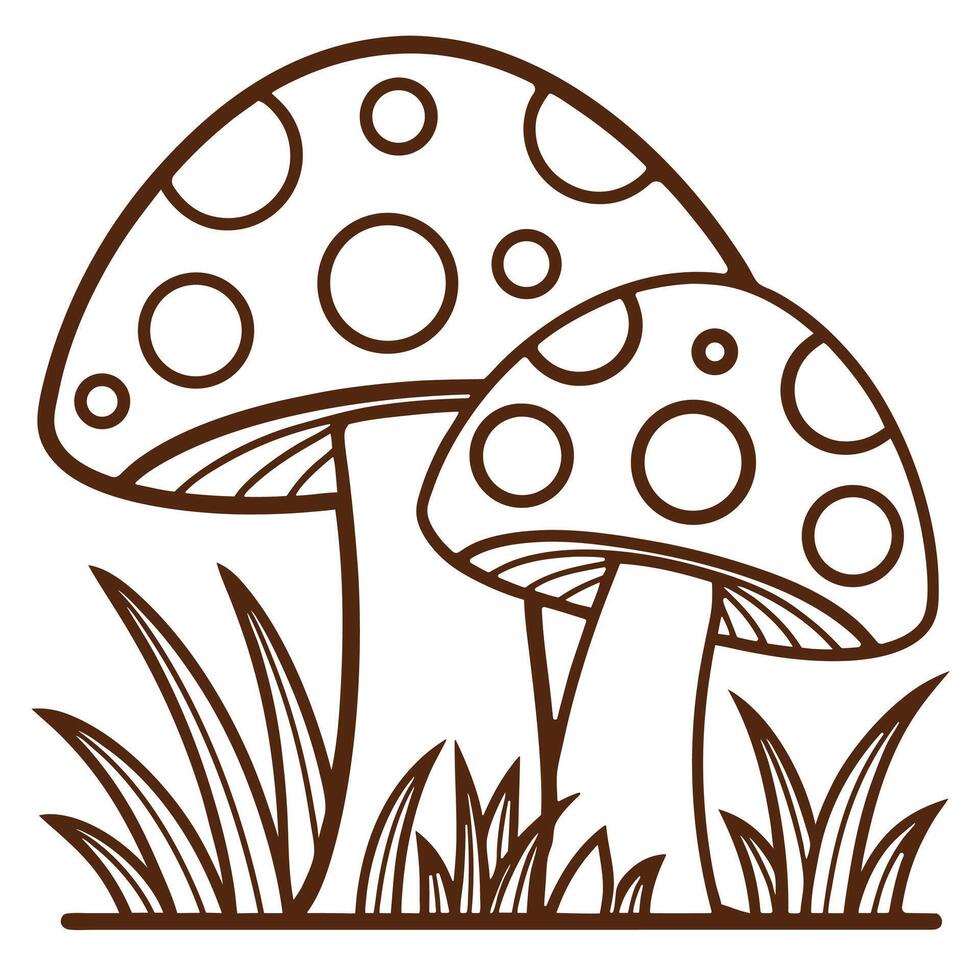 Two whimsical mushrooms in a grassy field, perfect for coloring books. vector