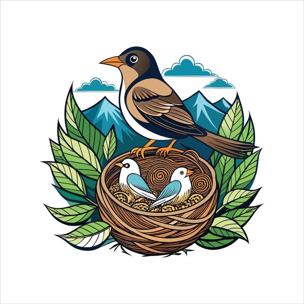 A Colorful Illustration of a Bird and Its Nestling Birds in a Mountainous Landscape. vector