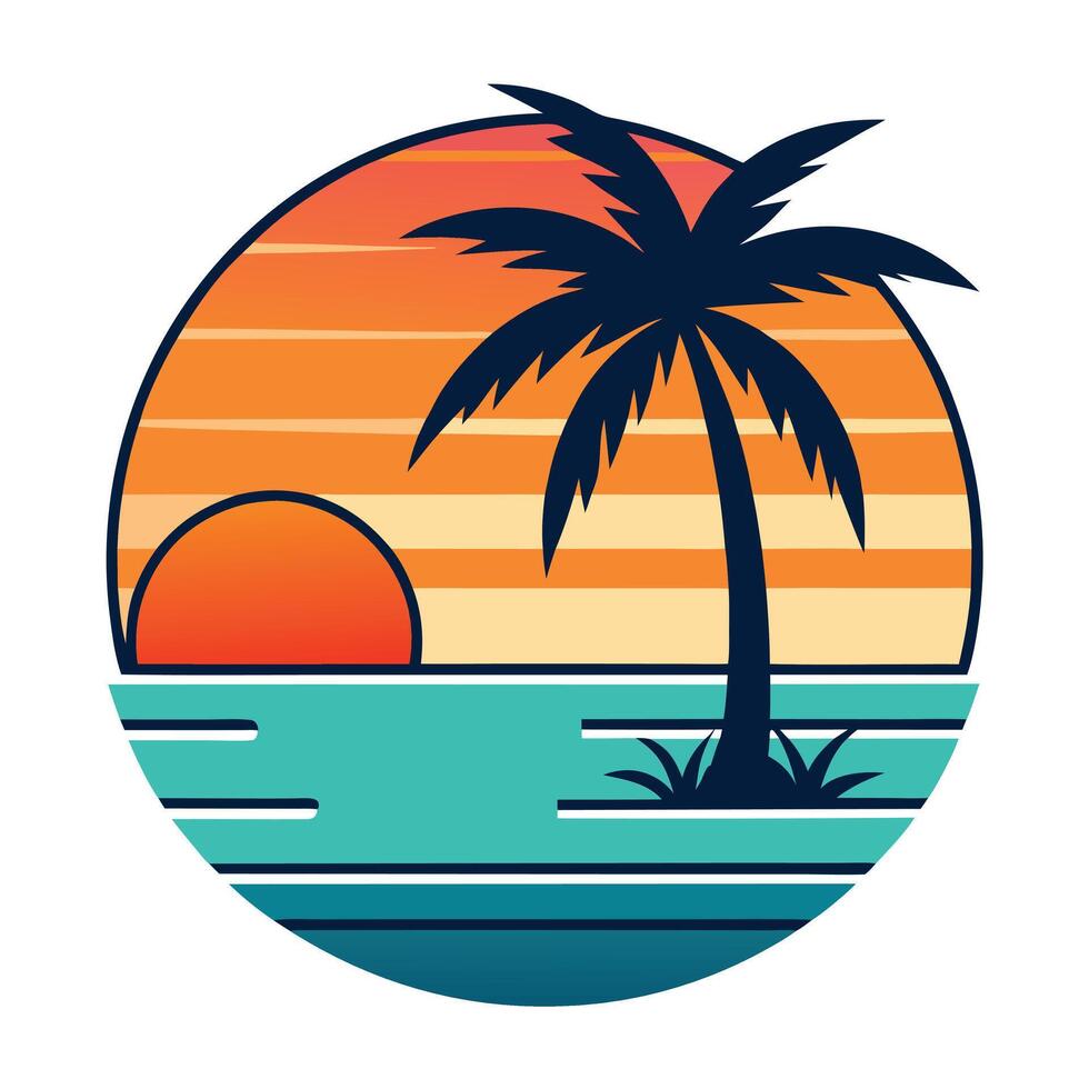 Retro Sunset Beach Scene with Palm Tree. vector