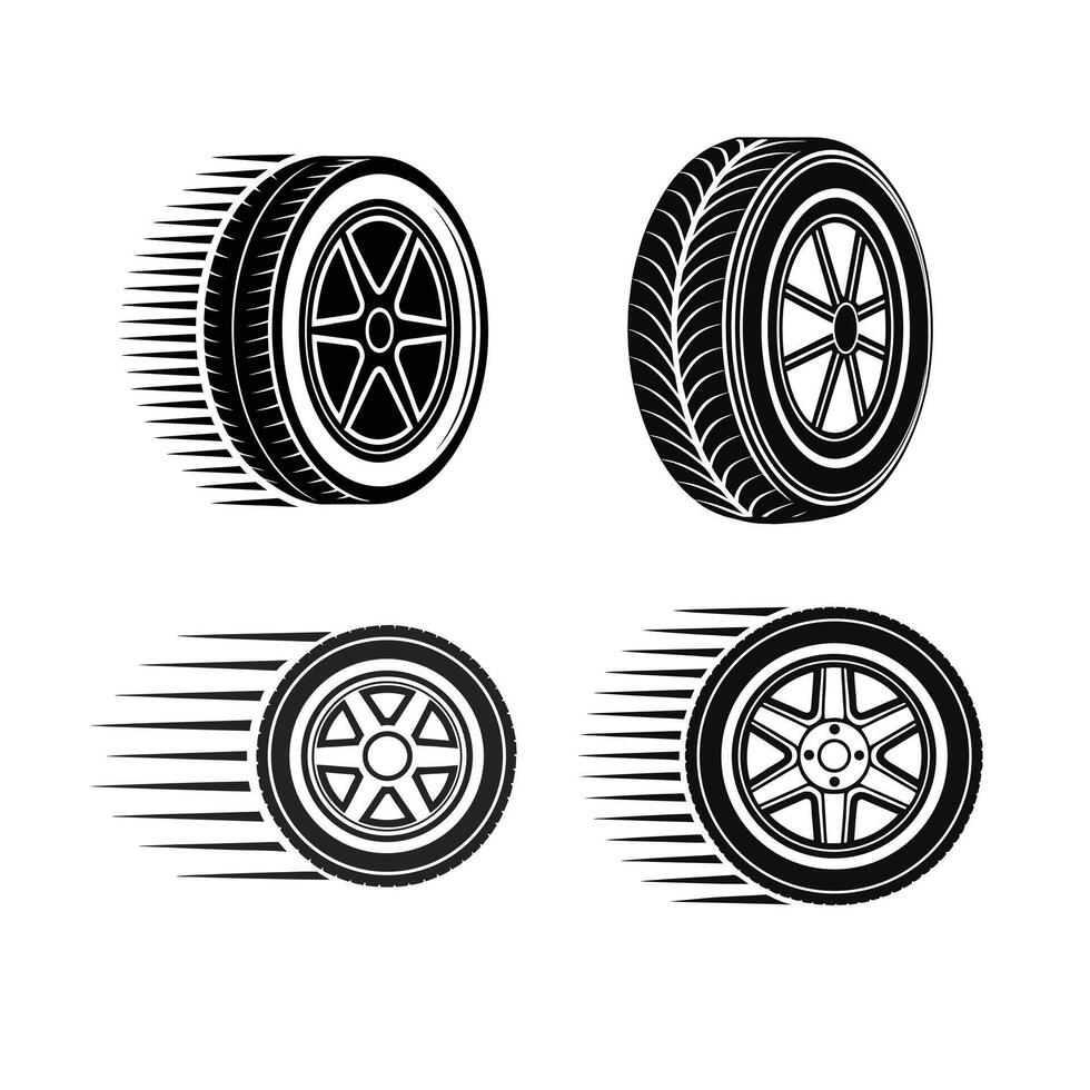 Four Vintage Style Car Tire Icons with Speed Lines. vector