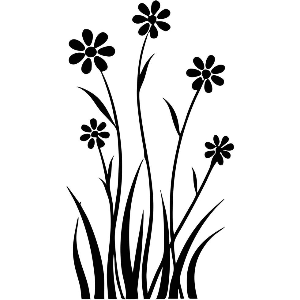 Black and white silhouette of wildflowers and grass. vector