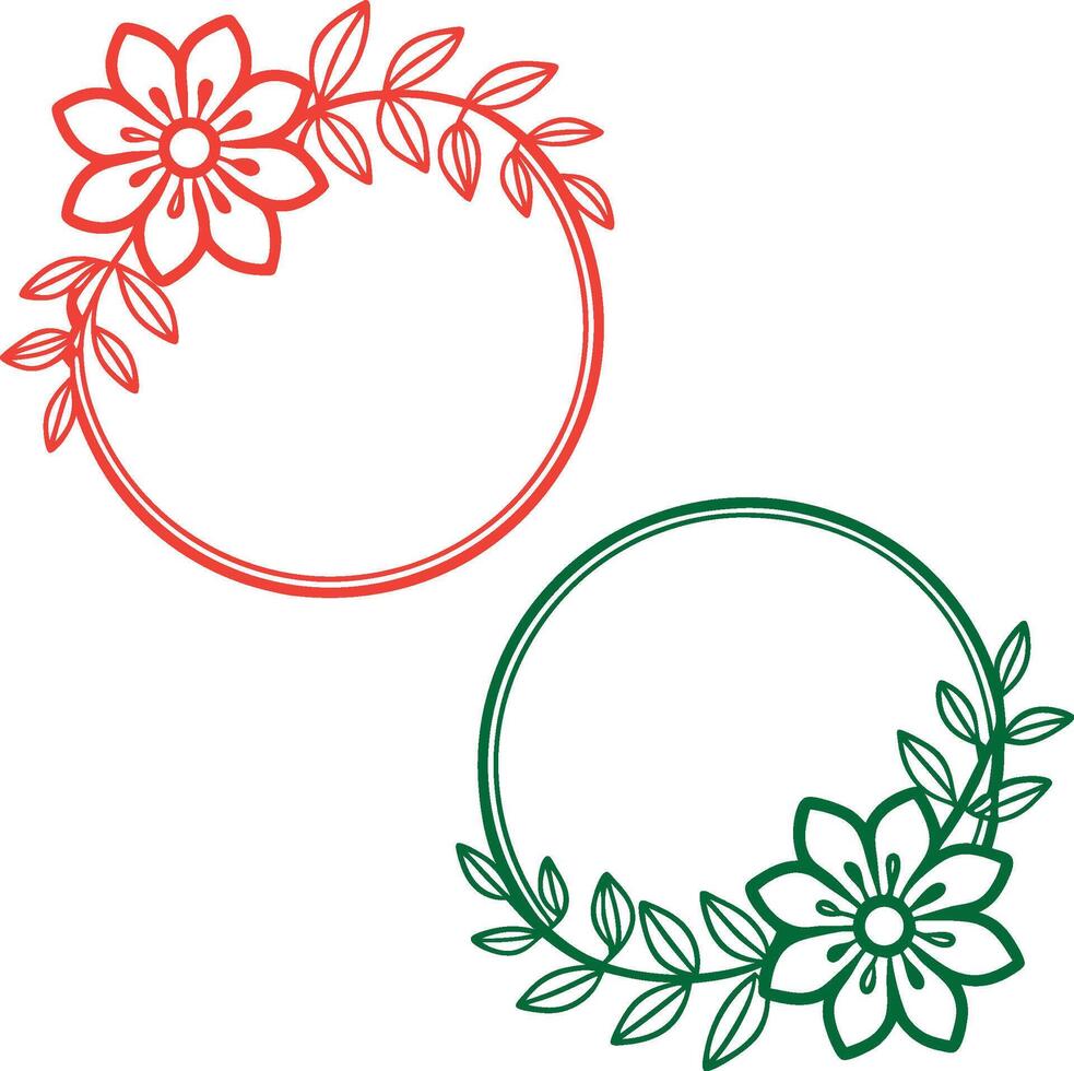 Two Decorative Floral Circle Frames in Red and Green. vector
