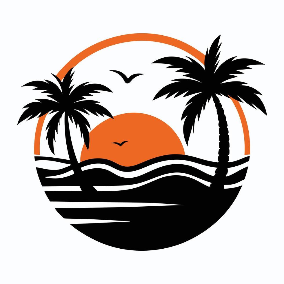 Tropical Sunset Scene in a Circular Design. vector