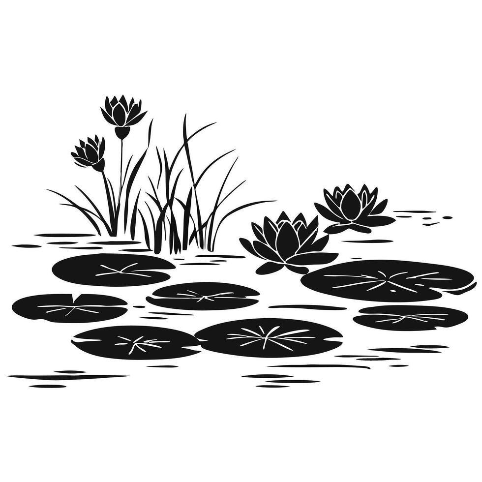 Serene Black and White Lily Pond Silhouette. vector