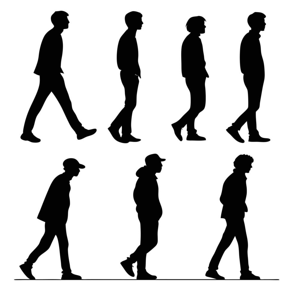 Silhouette illustrations of people walking in various stages of life. vector