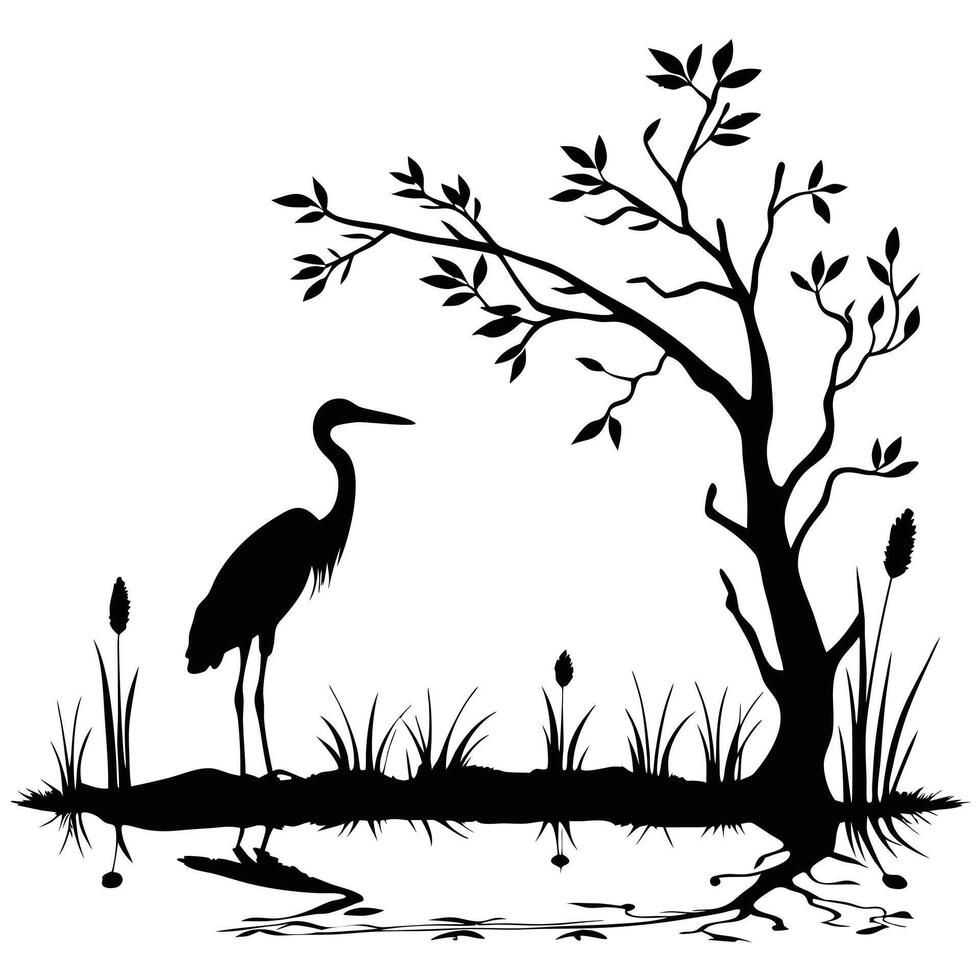 Simple Silhouette of Heron and Tree by a Pond. vector