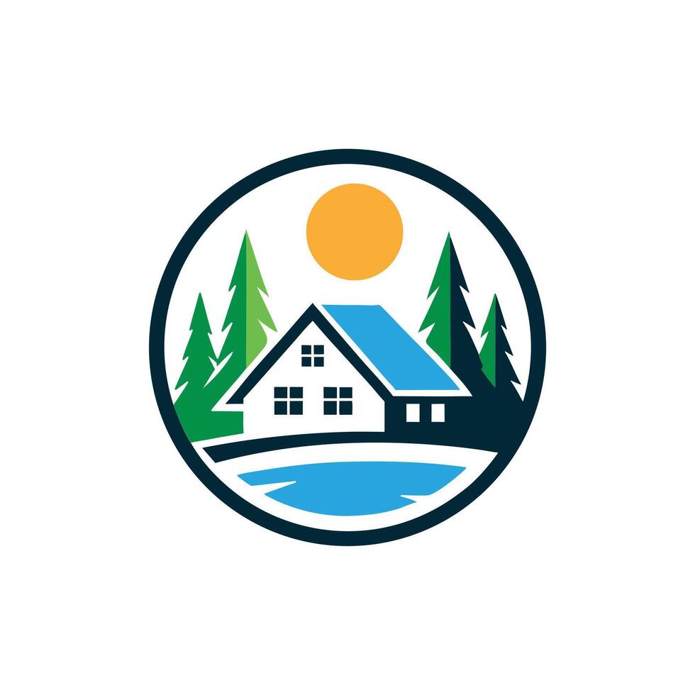 A charming cabin logo, nestled in the forest by a lake.. vector