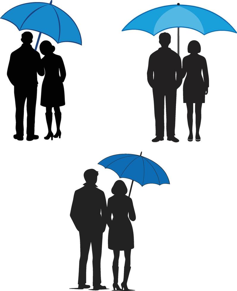 Silhouette of a couple under a blue umbrella. vector