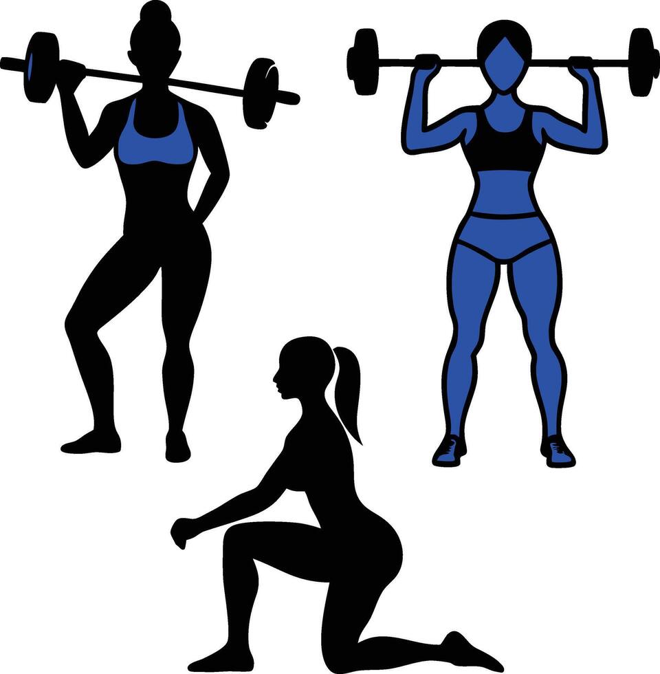 Strong Women Exercising with Weights and Doing Squats. vector