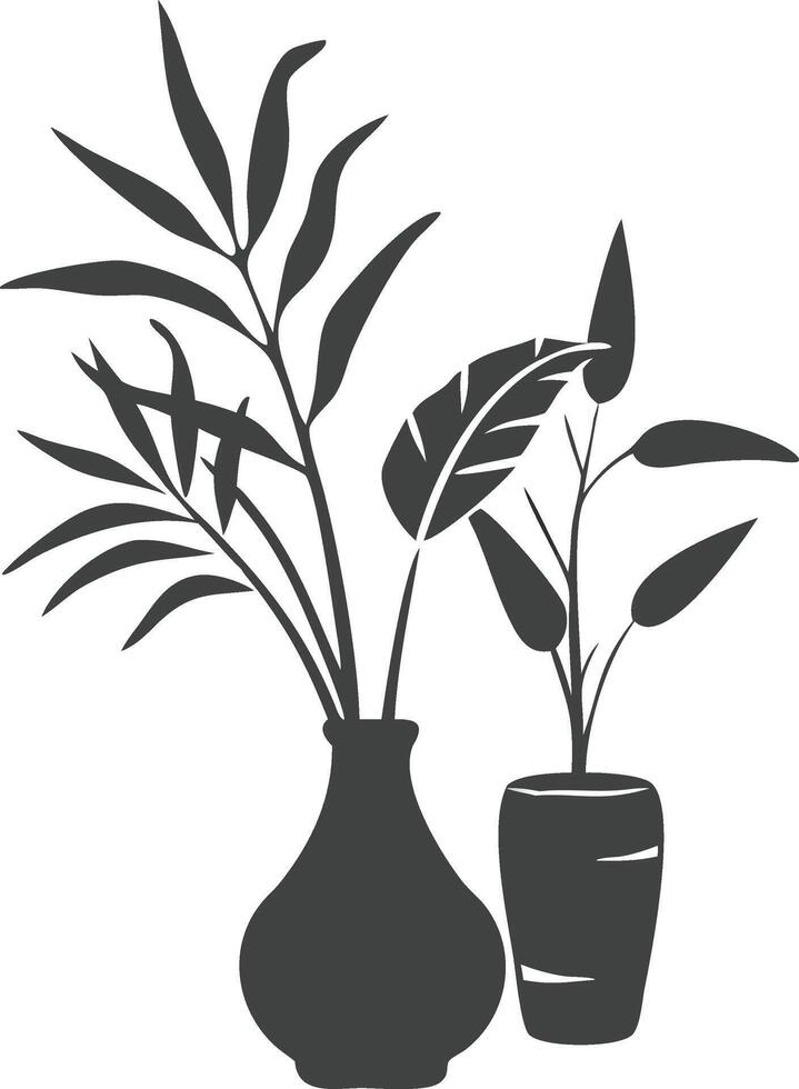 Elegant black and white silhouette of tropical plants in vases. vector