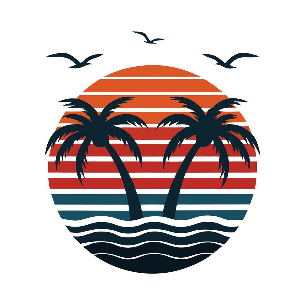 Retro Sunset Beach Scene with Palm Trees. vector