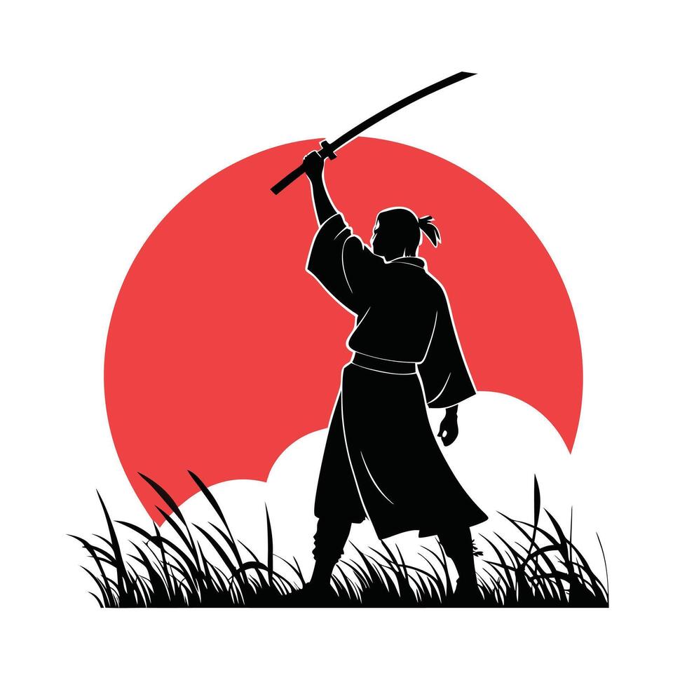 Lone warrior silhouette holding sword before dramatic red sunset. vector