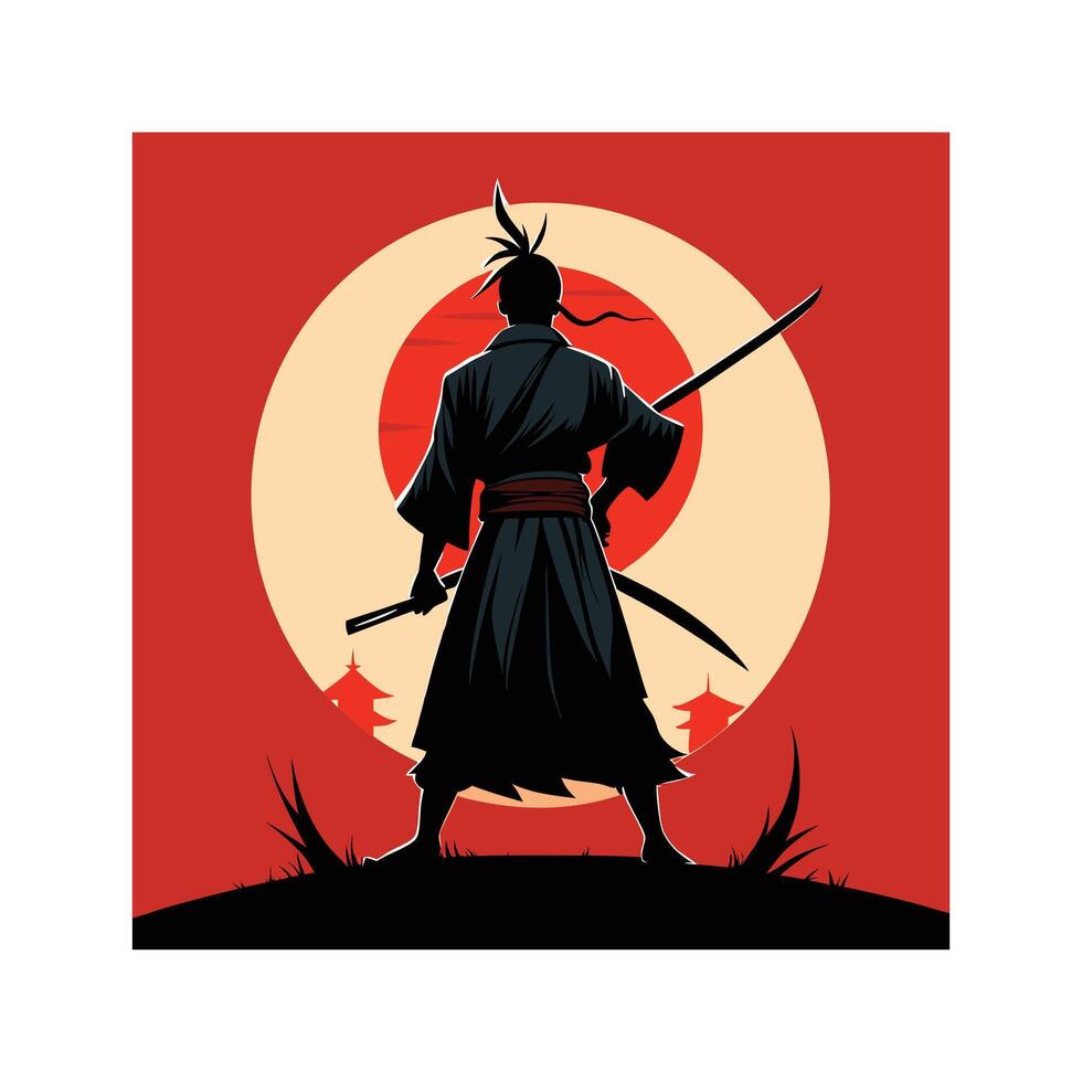 Lone warrior silhouette holding sword before dramatic. vector