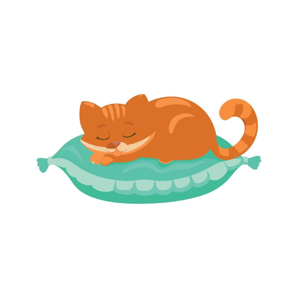 Sweet orange cat peacefully sleeping on a soft cozy green pillow. vector