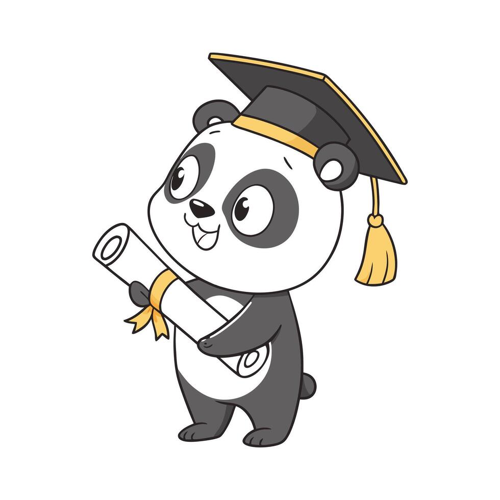Cute panda celebrates graduation with diploma and graduation cap joyfully. vector