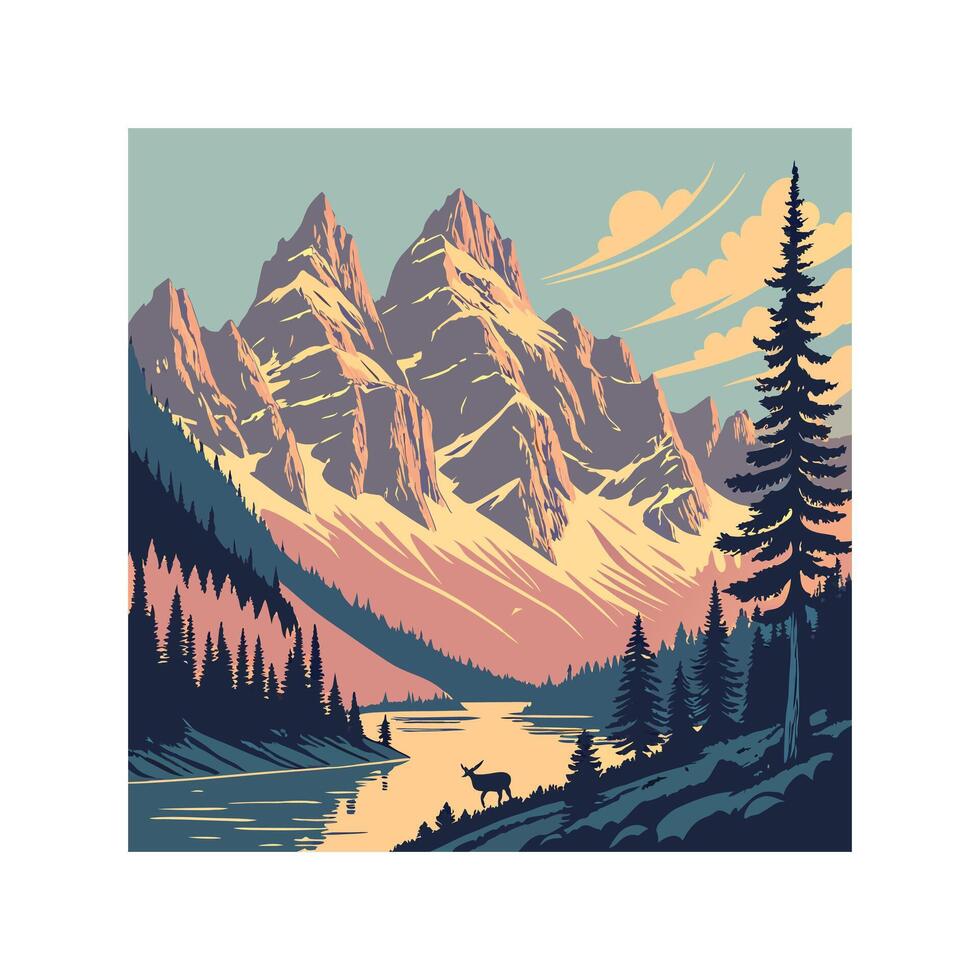 Explore majestic mountain landscapes with peaceful flowing river views. vector