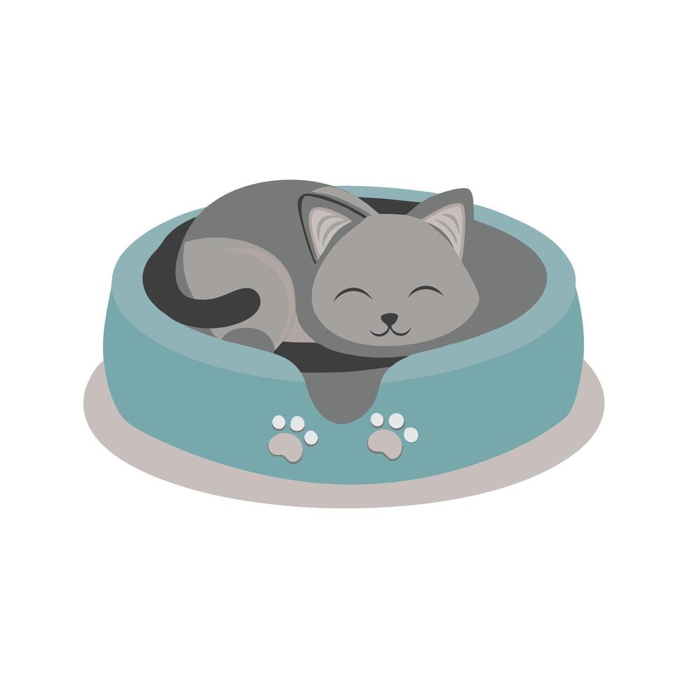 Cute cozy cat sleeping peacefully in a soft comfy pet bed. vector