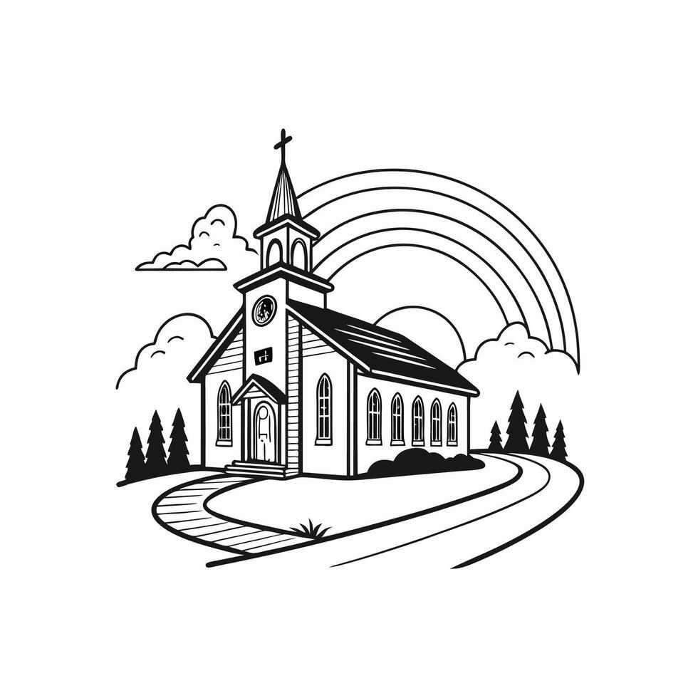 Classic chapel building sketch with rainbow in nature background. vector