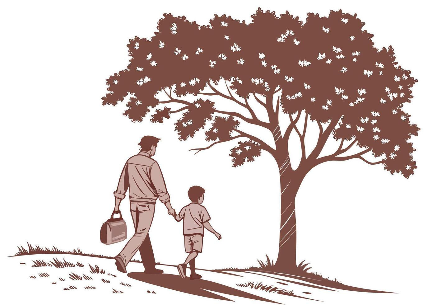 Minimal Illustration of Father and Son Holding Hands Under Tree vector