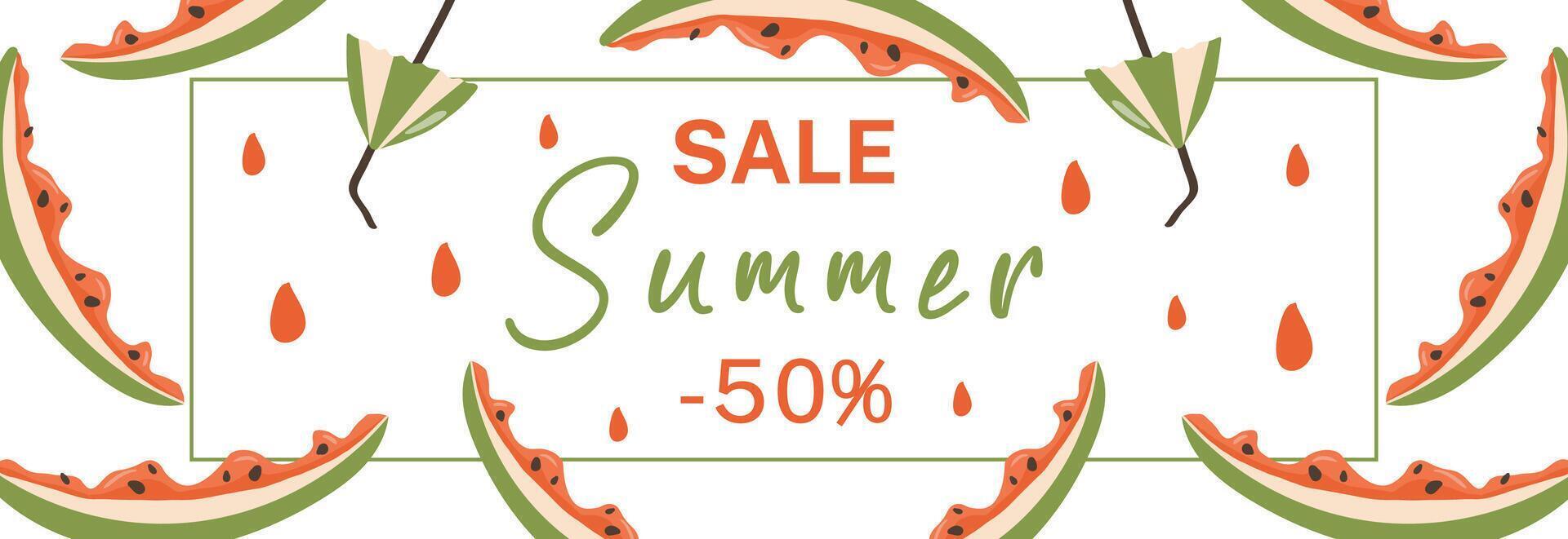 Summer Sale design with Watermelon slices and drops of fruit juice. A horizontal Banner for an advertising campaign, an invitation to watermelon day. illustration template. vector