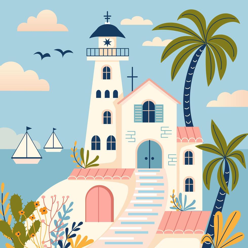 A charming lighthouse surrounded by palm trees and sailboats creates a picturesque coastal scene. Amalfi coast vector