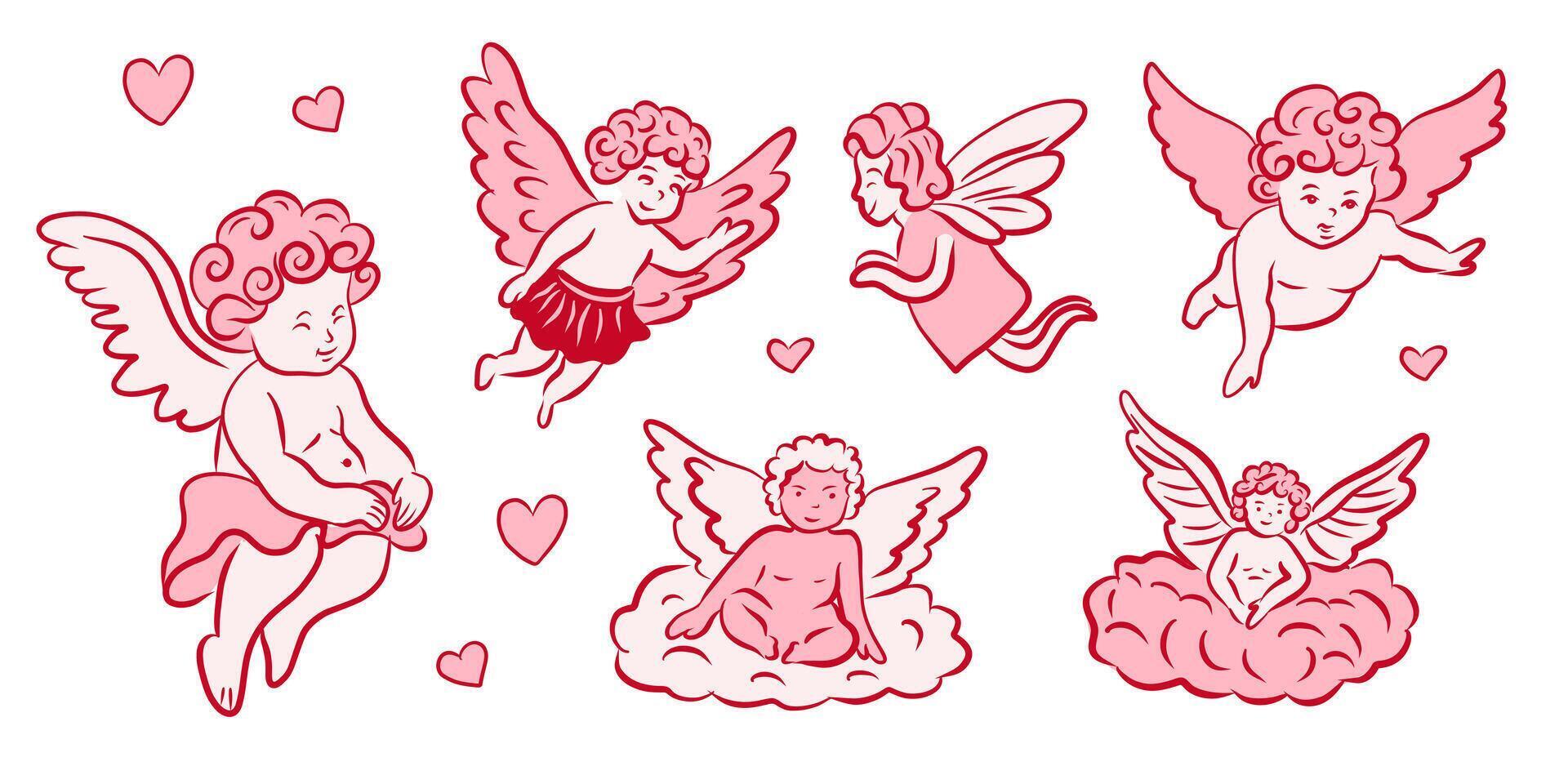 Charming Vintage Angels with Hearts, Perfect for Various Romantic and Heartfelt Themes vector