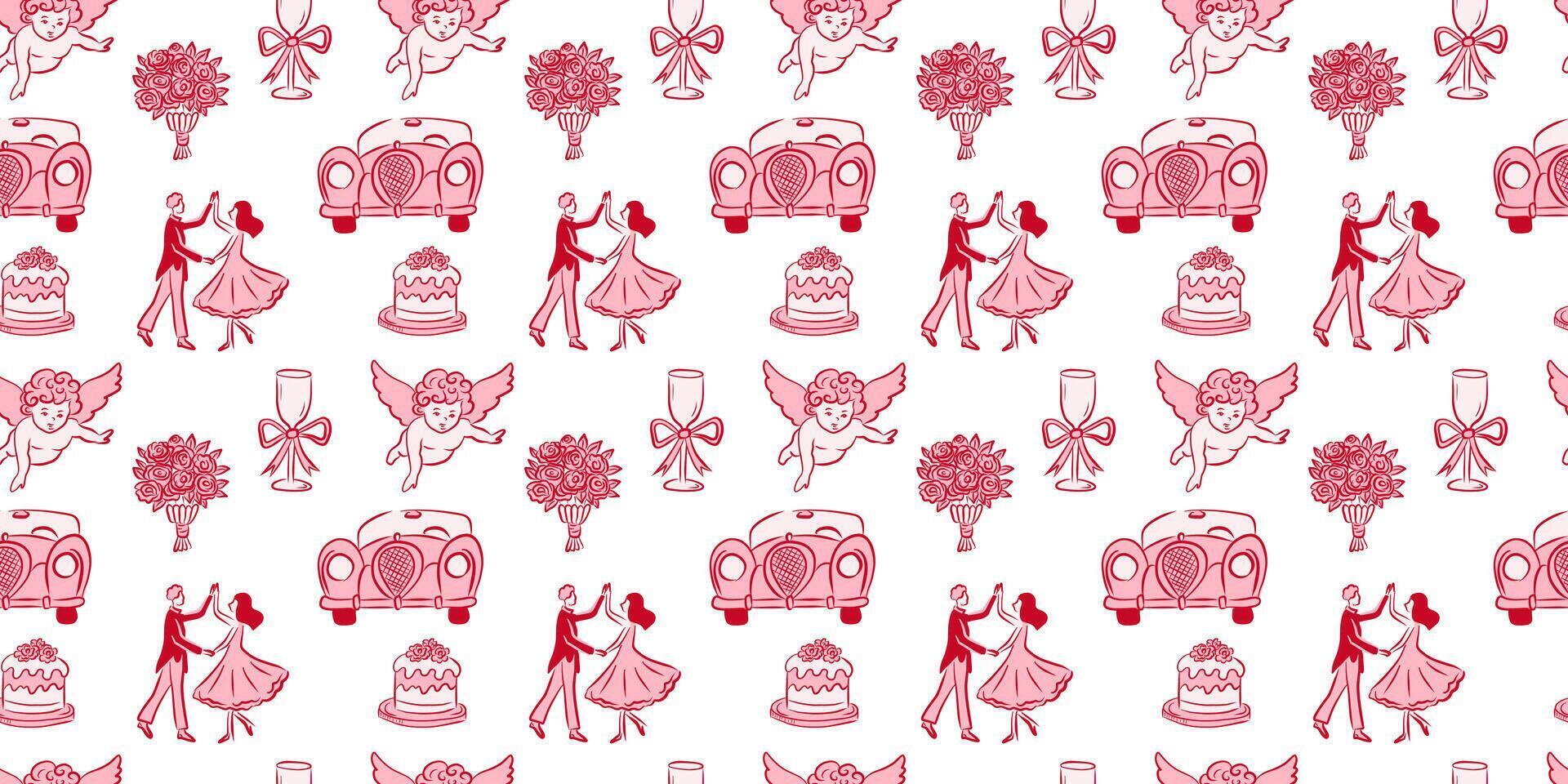 A beautifully Romantic Vintage Wedding Pattern featuring Couples amidst elegant Decor vector