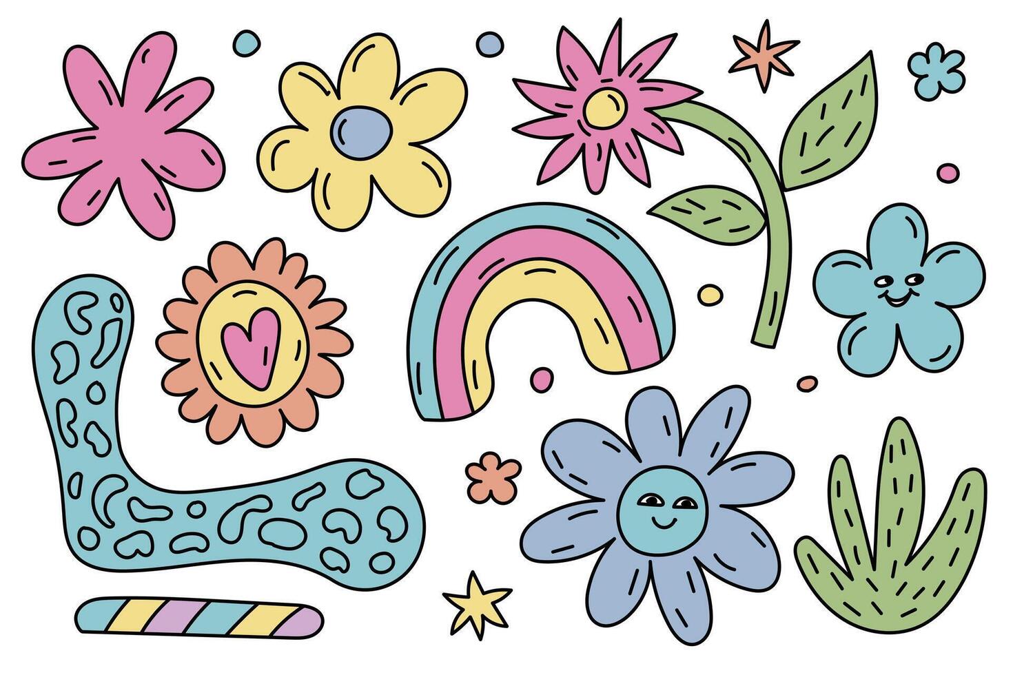 A Vibrant and Colorful Collection of HandDrawn Flowers and a Rainbow Design Theme vector