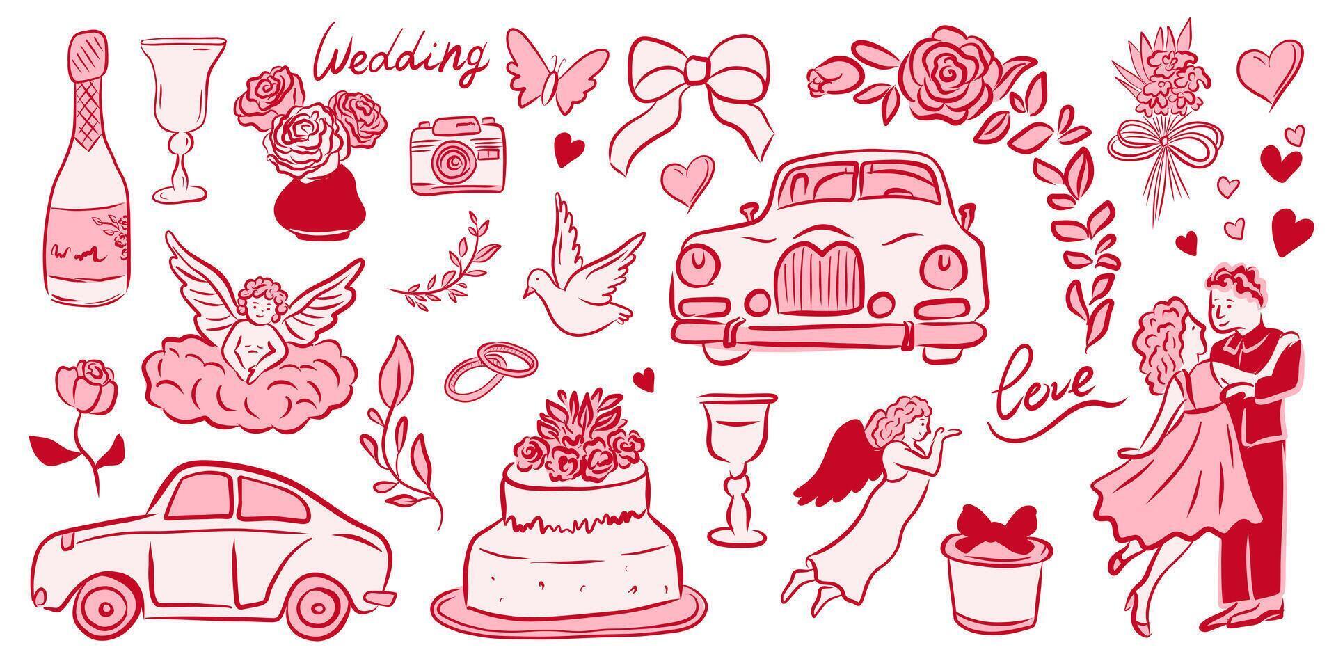 Elements of a Wedding Celebration Illustrated in a Beautiful Red Theme Graphics vector