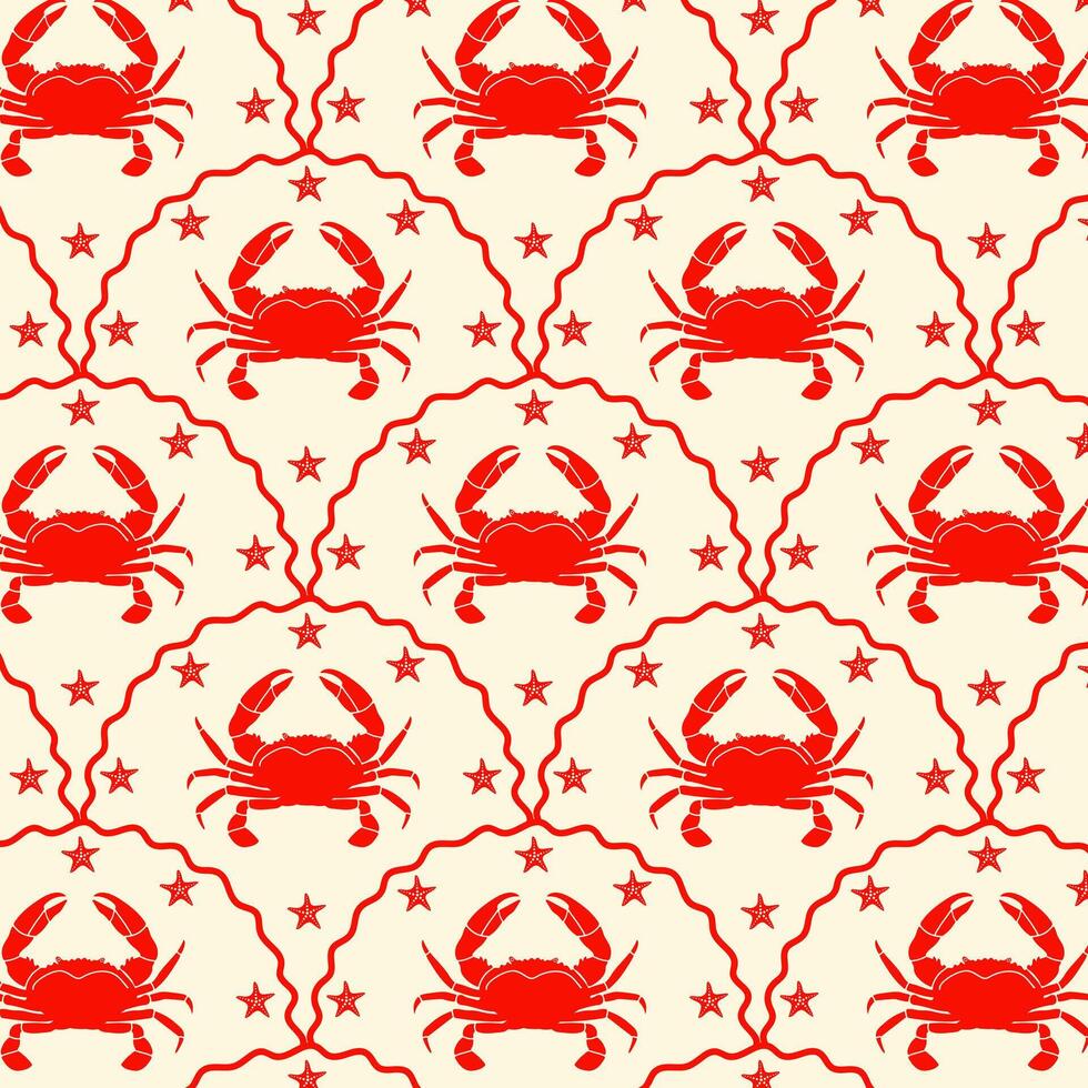 Summer retro pattern with hand drawn crabs. Sea pattern with crab. vector
