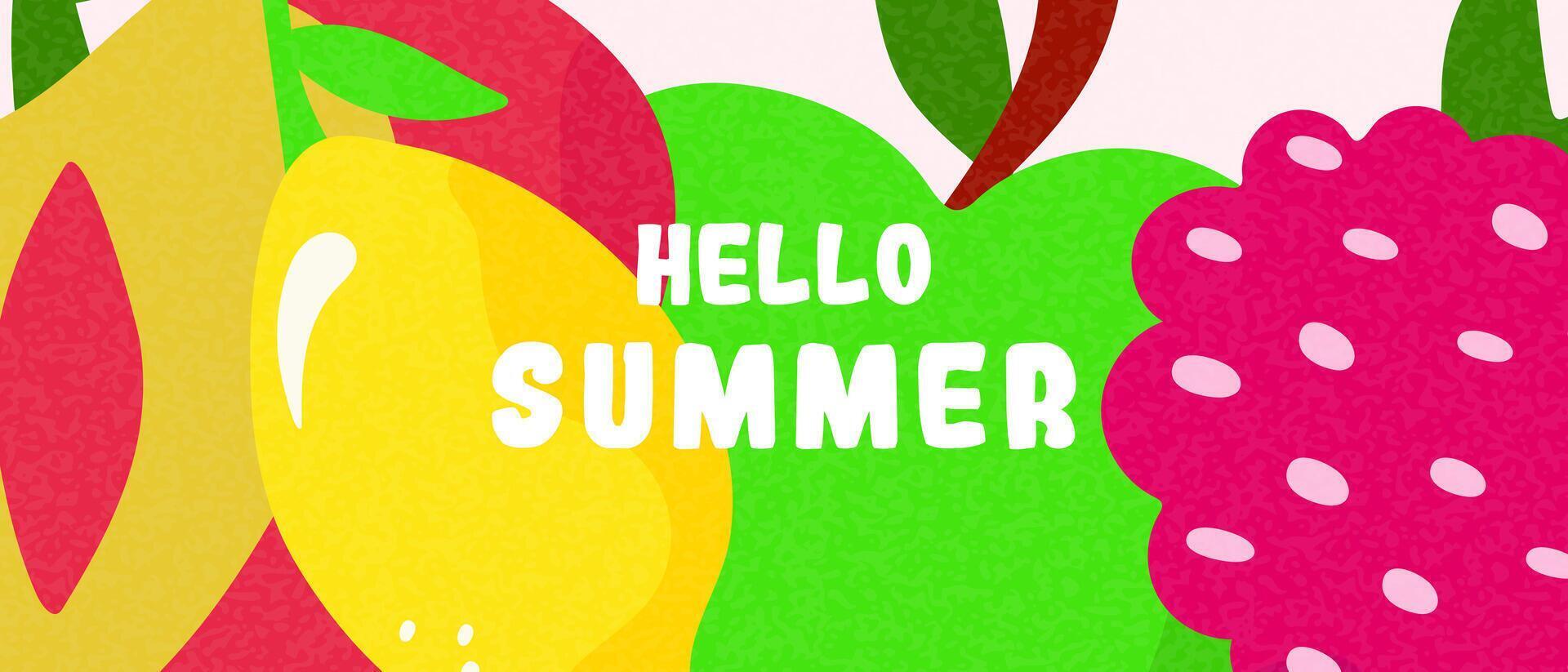Bright summer banner with raspberry, apple, peach and lemon. Template for advertising, sales, congratulations, branding. vector