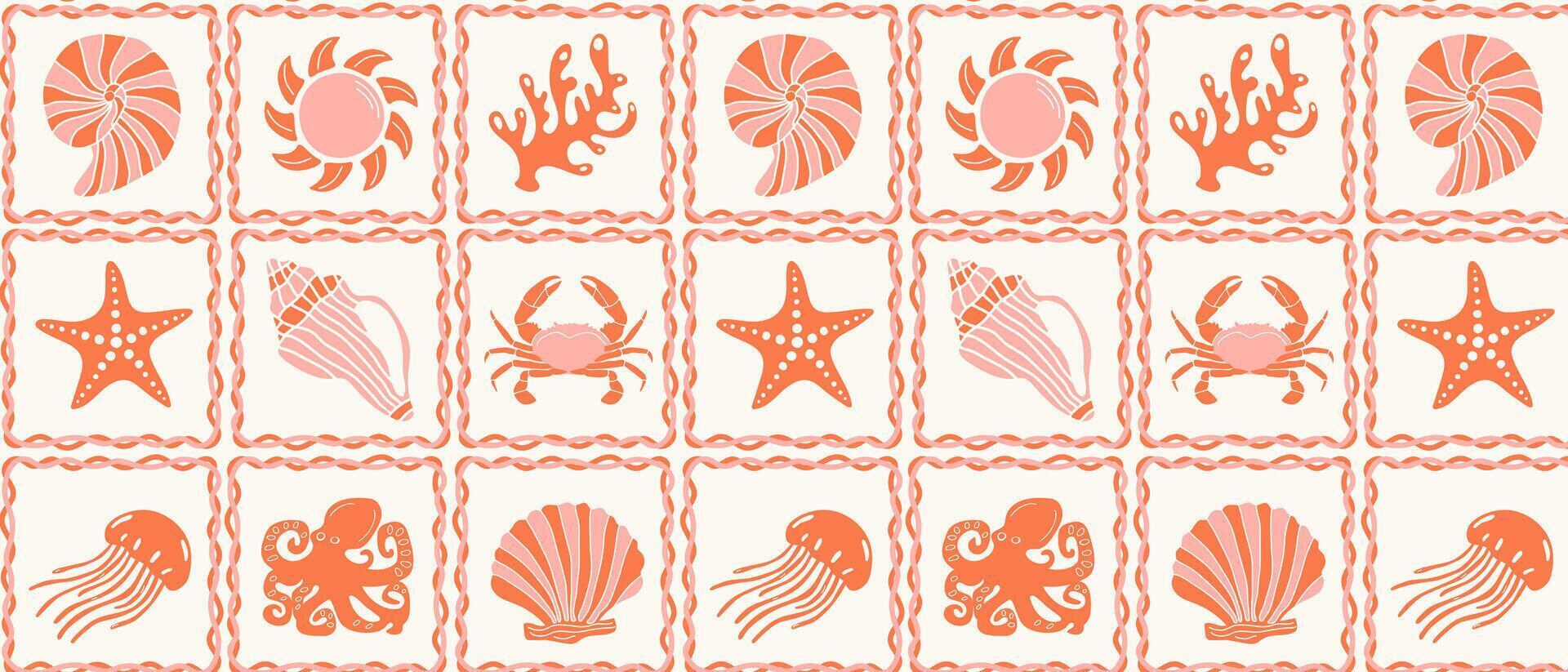 Marine geometric pattern with shells, jellyfish, sun. Summer pastel background. vector