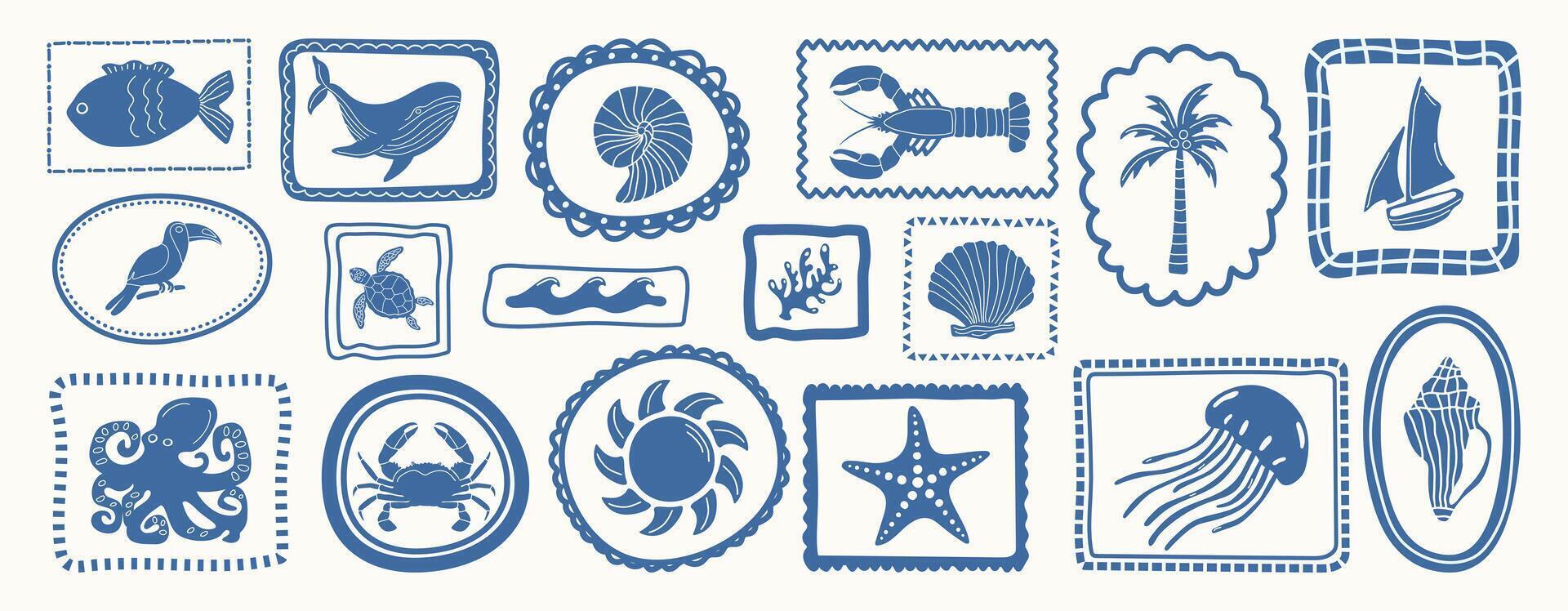 Tropical summer elements in frames. Retro tropical background. vector