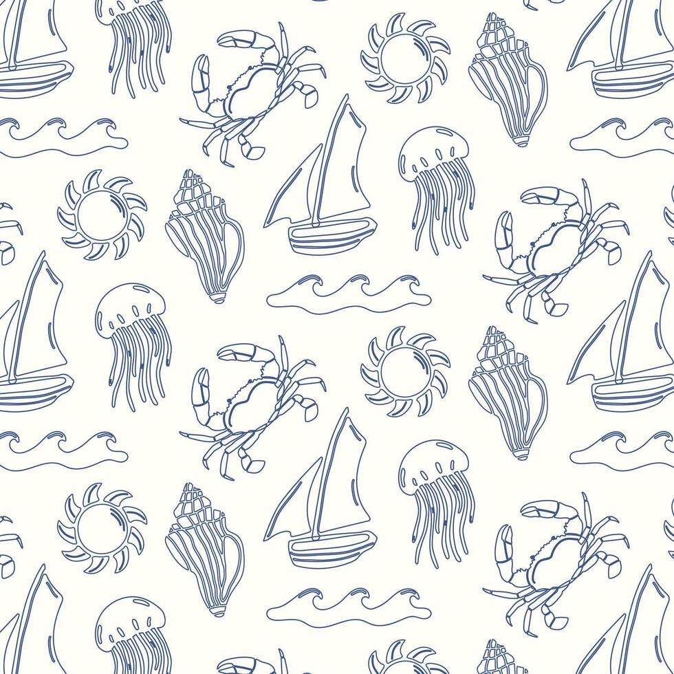Hand drawn nautical summer pattern in doodle style. vector