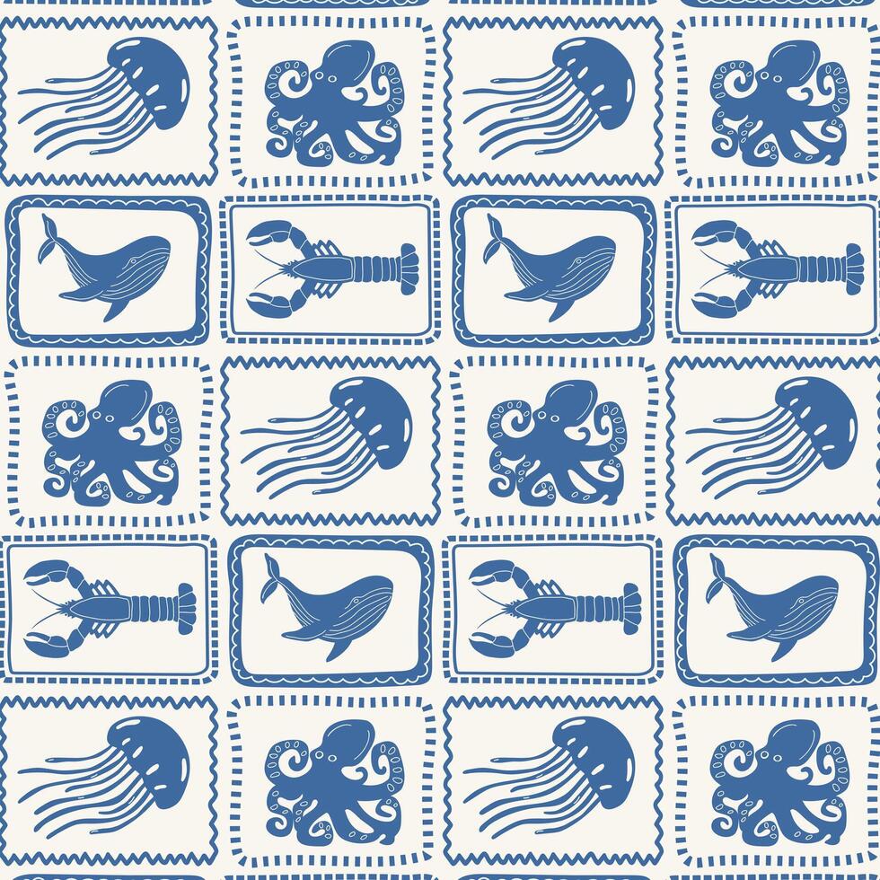 Tropical summer elements in frames. Retro tropical background with lobster, whale, jellyfish and octopus. vector