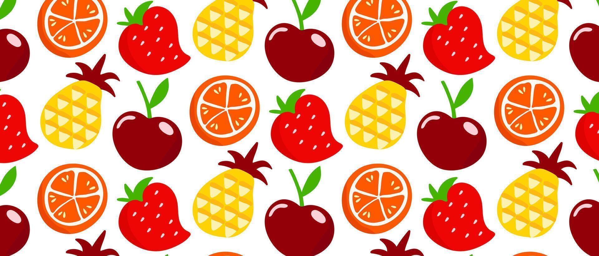 Bright juicy fruits and berries, seamless summer tropical print. vector