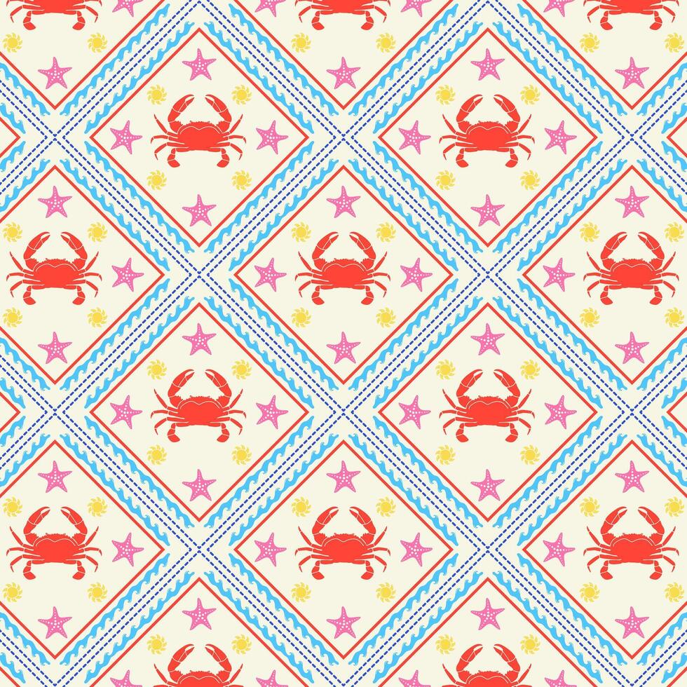 Summer geometric pattern with hand drawn crabs. Sea pattern with crab. vector