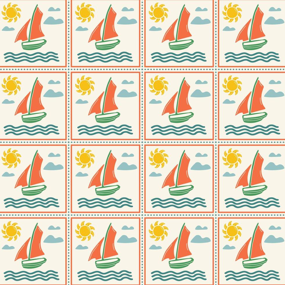 Marine children's print in retro style with a ship, sun and sea. vector