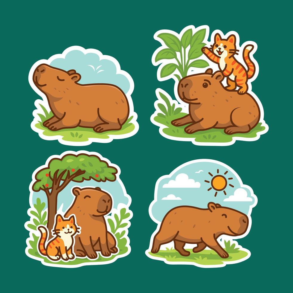 A cheerful sticker collection featuring heartwarming moments between capybaras and cats in nature. vector