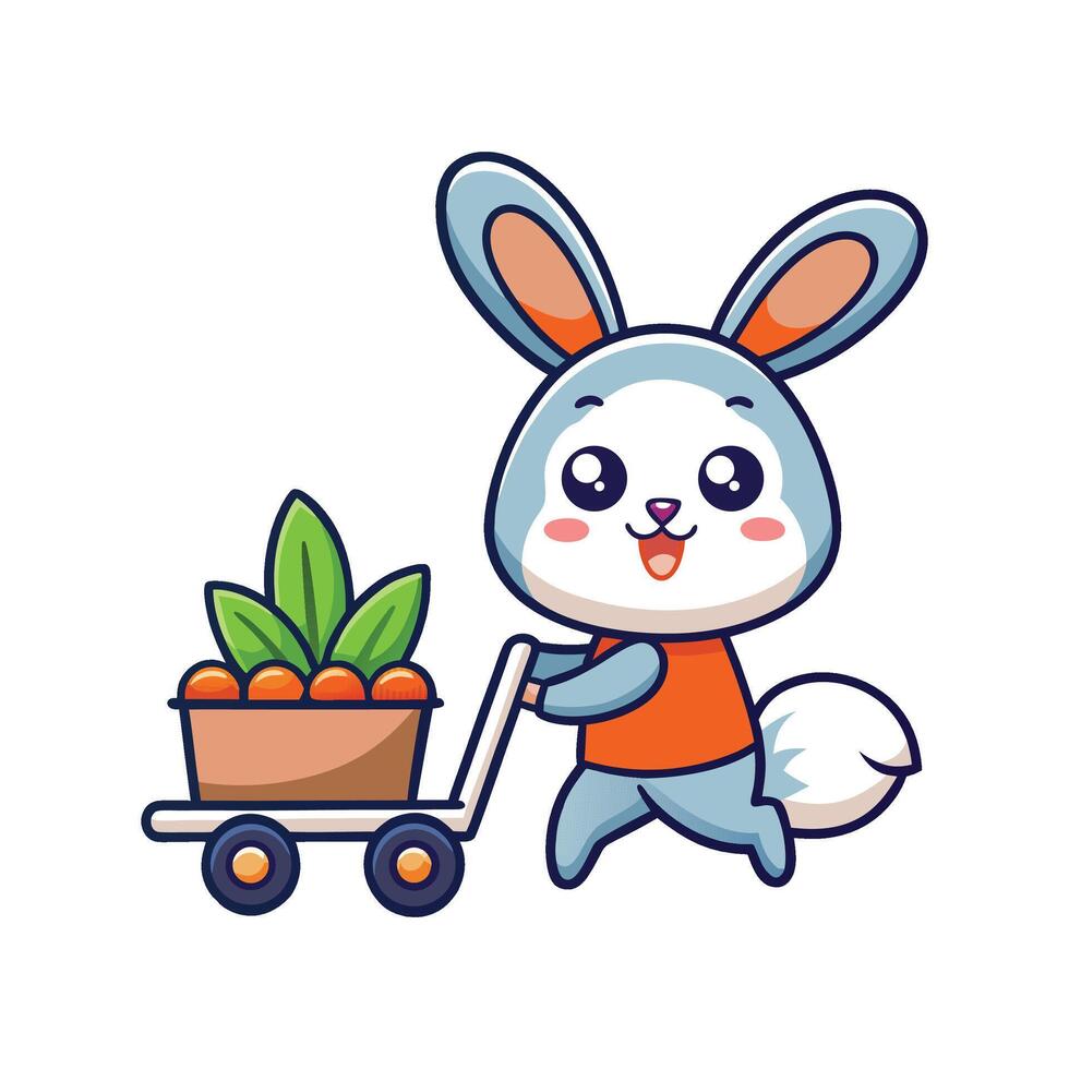 Cute Rabbit Bring Carrot With Trolley Cartoon Icon Illustration. Animal Nature Icon vector