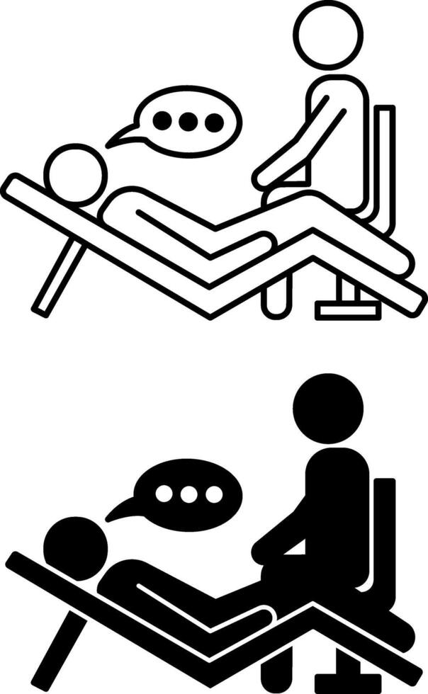 Therapy Icons. Black and White Illustrations. Patient Lying on the Couch and Telling the Doctor about His Problem. Internal Medicine, Psychology, Psychotherapy. Mental Health Concept vector
