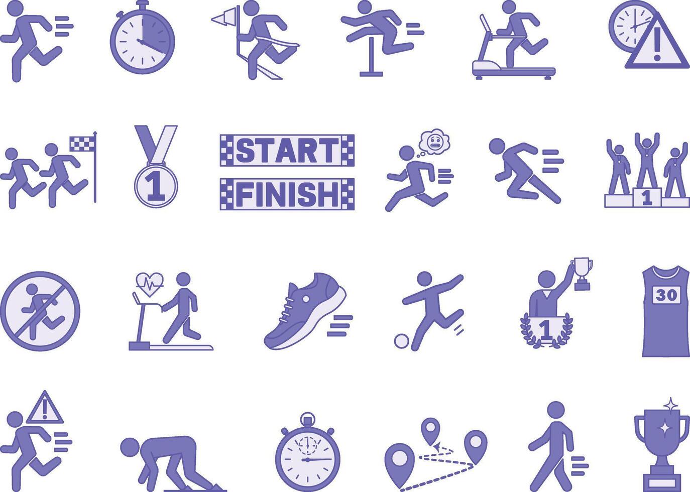 Colored Running Icon Set. Illustrations Race, Trophy, Sprint, Distance, Hurdles, Finish, Start, Running Shirt, Sneakers, Competition, Walking, Winner, and More vector