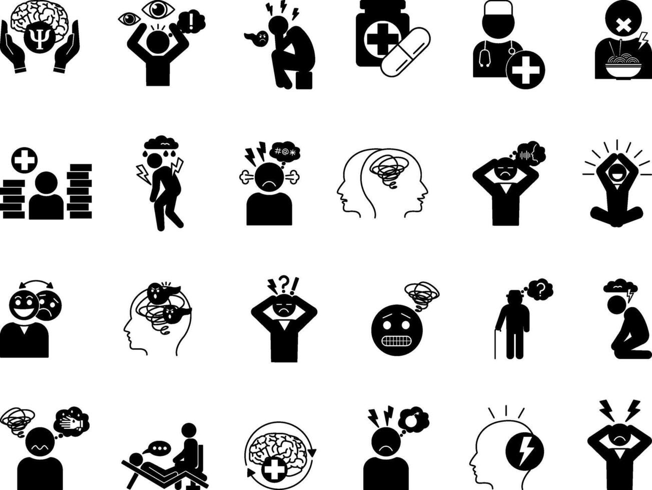 Black Mental Health Icon Set. Illustrations Stress, Depression, Bipolar, Paranoia, Dementia, Psychosis, Panic Attacks, Schizophrenia, Trauma, Doctor, Medicines, and Others vector