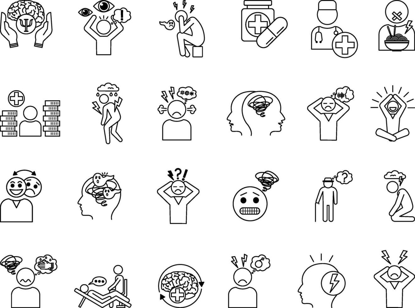 Mental Health Icon Set. Illustrations Stress, Depression, Bipolar, Paranoia, Dementia, Psychosis, Panic Attacks, Schizophrenia, Trauma, Doctor, Medicines, and Others vector