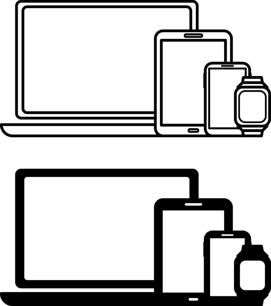 Device Icons. Black and White Illustration. Laptop, Tablet, Mobile Phone, and Smart Watch. Gadgets. Technology and Innovation Concept vector