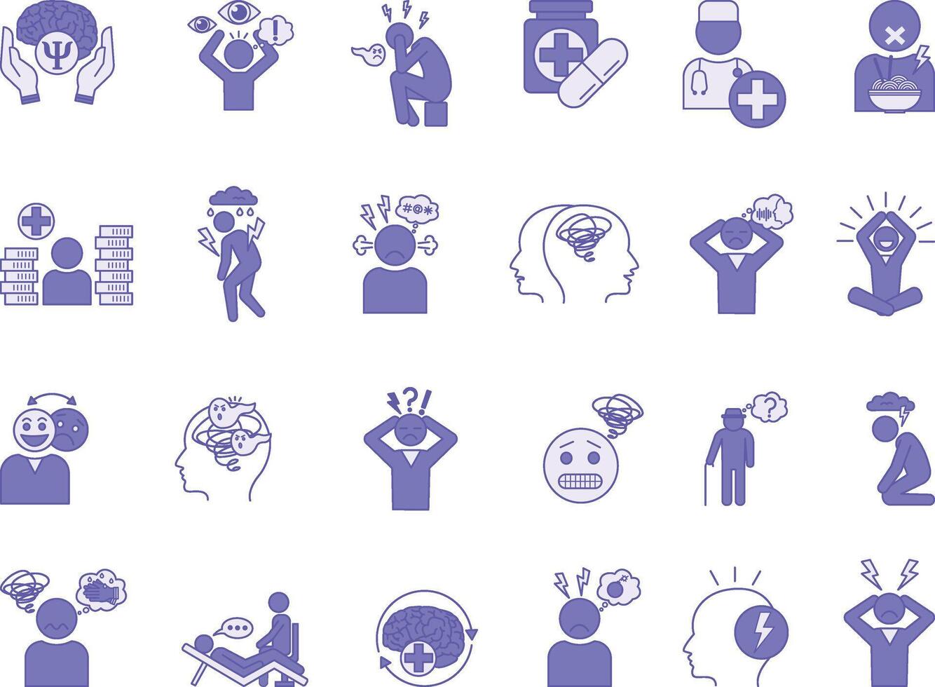 Colored Mental Health Icon Set. Illustrations Stress, Depression, Bipolar, Paranoia, Dementia, Psychosis, Panic Attacks, Schizophrenia, Trauma, Doctor, Medicines, and Others vector