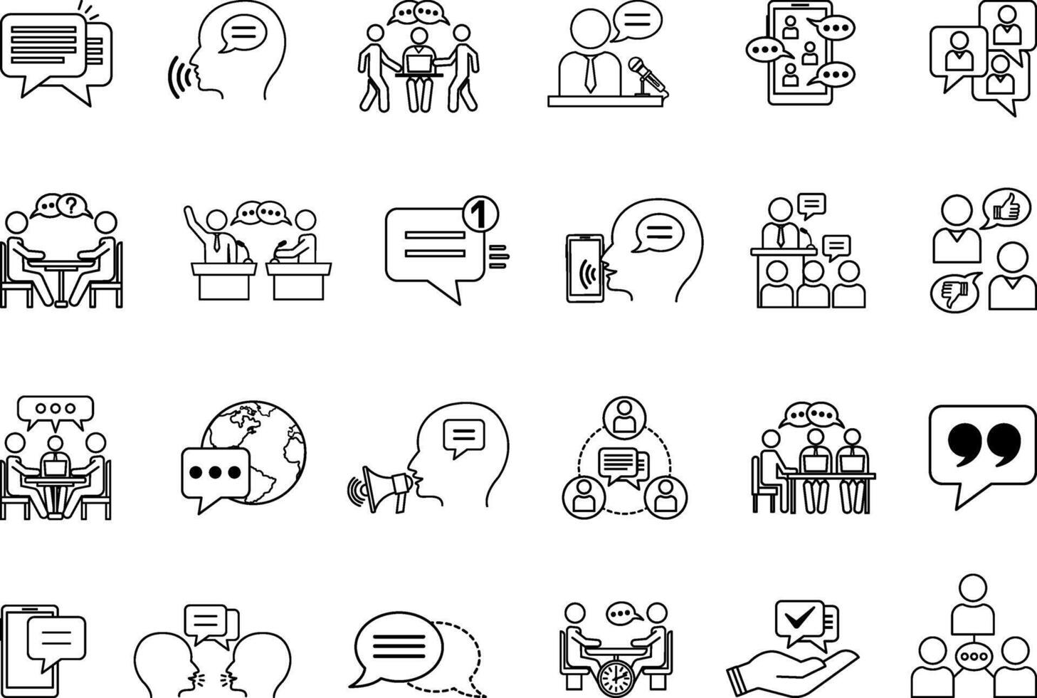 Speaking Icon Set. Illustrations Communication, Comments, Consultation, Conversation, Speech, Debate, Discourse, Discussion, Chat, Language, Speech Bubble, and More vector