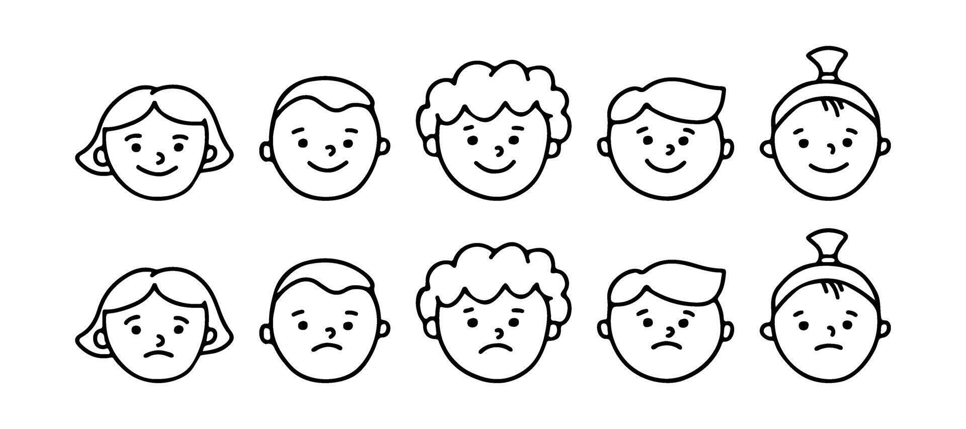 Children head happy smile and sad facial expression, line doodle character set. Hand drawn outline emotion on people face. Happy and grief mood. illustration vector