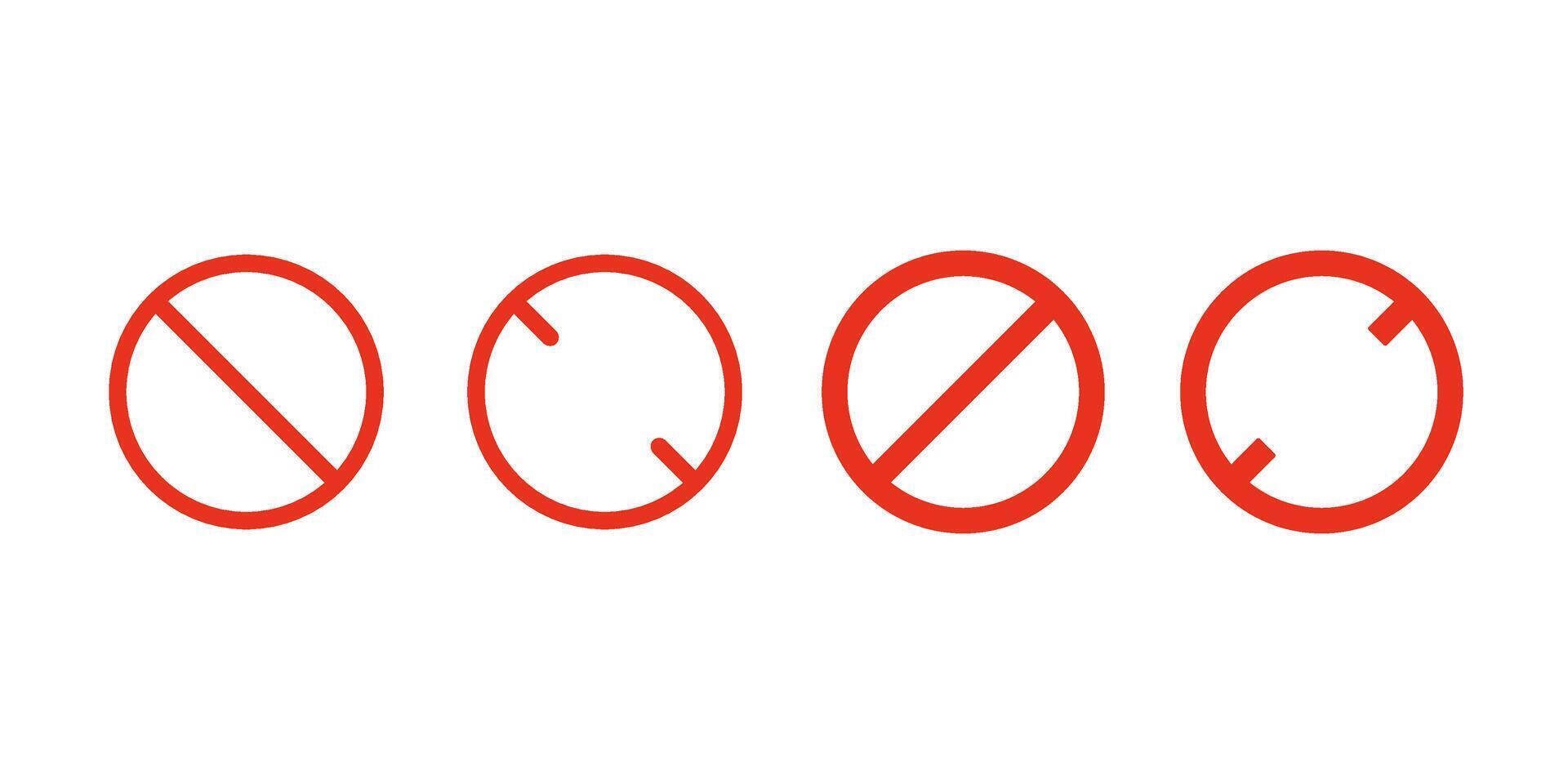 Forbidden circle sign set, ban or danger icon. Prohibition red symbol. Red circle with cross line. Restriction, caution, stop. isolated illustration vector