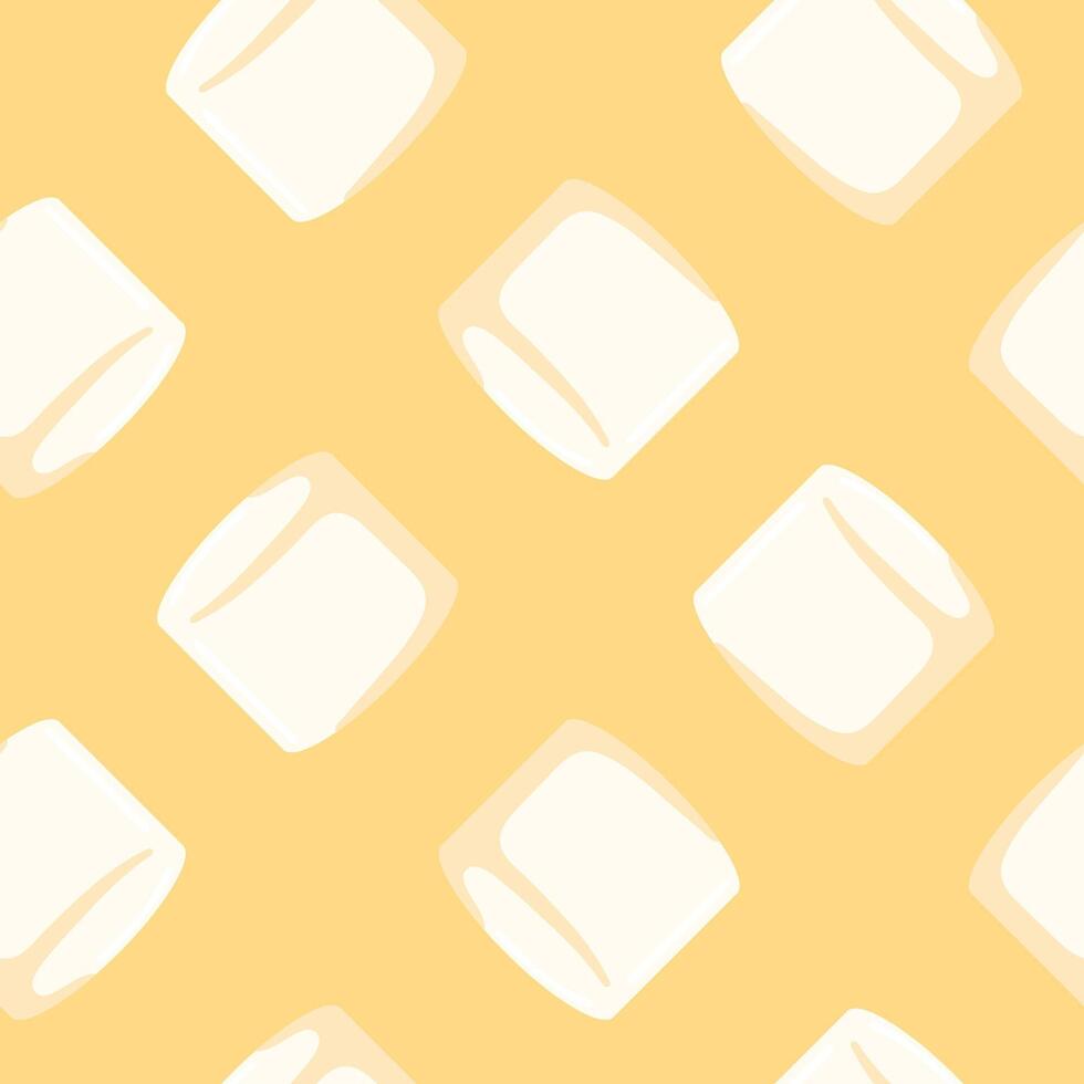 Marshmallow pattern, food dessert seamless background. Small square candy. Collection sweet confectionery. illustration on yellow color vector